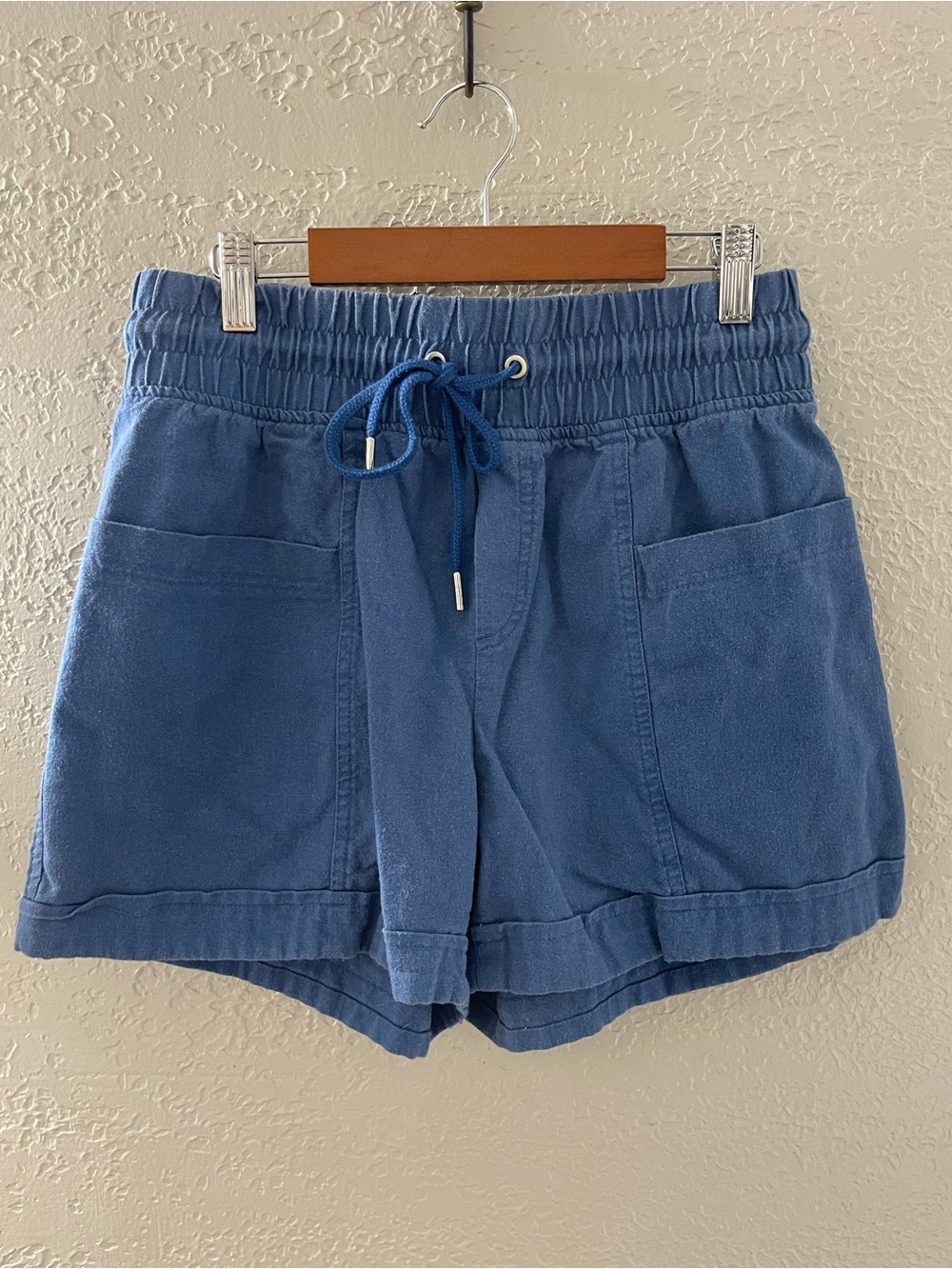 Willit Women's Blue Drawstring Pocket Linen Shorts Medium